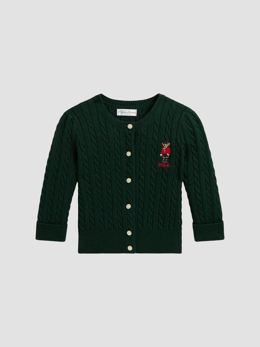 Polo Ralph Lauren Girl's Little Girl's Polo Bear Mini-Cable-Knit Cotton Cardigan - Moss Agate - Size 9 Months