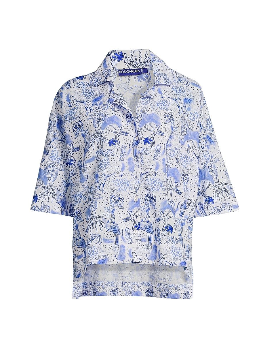 Women's Natalia Floral Cotton Shirt - Blue Anaplois - Size XL