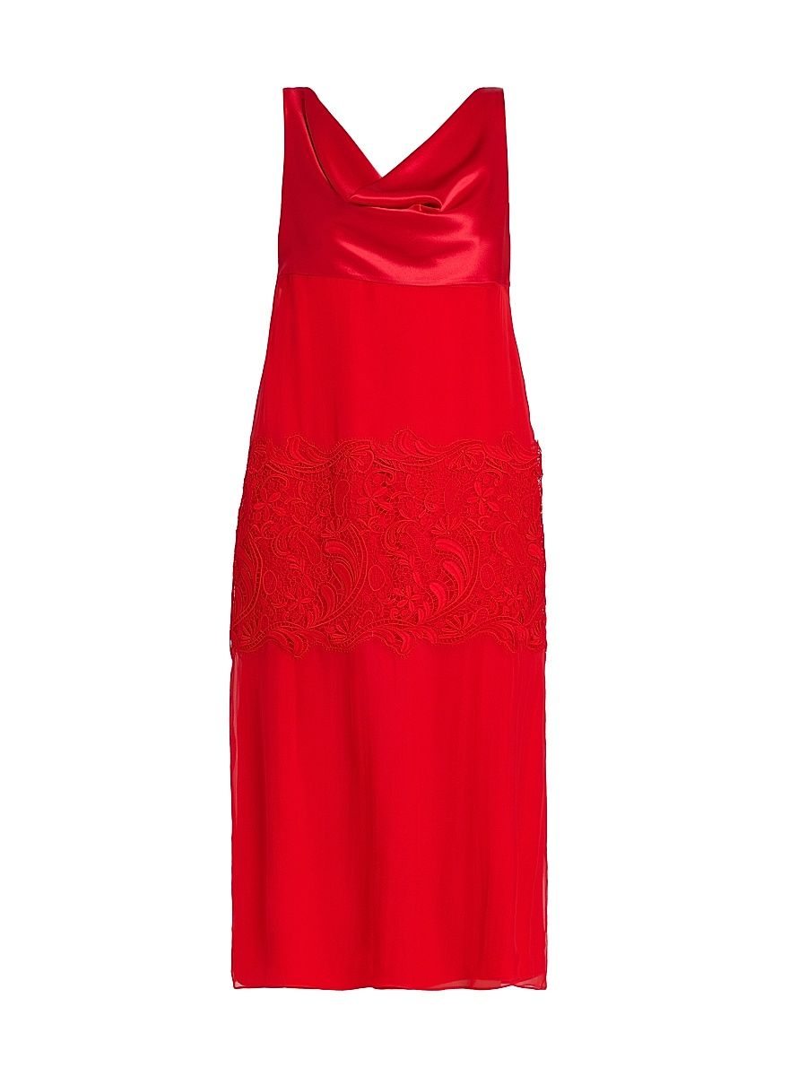 Women's Cowlneck Silk Lace Midi-Dress - New Red - Size 12