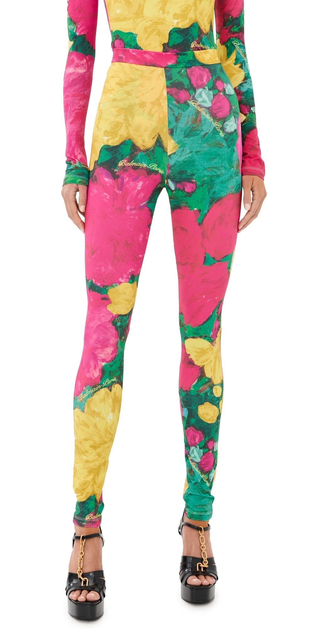 Balmain Second Skin Roses Print Jersey Leggings Green/Pink/Yellow L