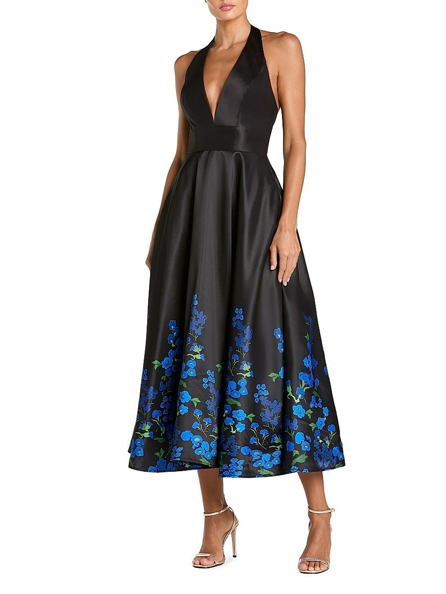 Women's Floral Satin Halterneck Midi-Dress - Black Multi - Size 2
