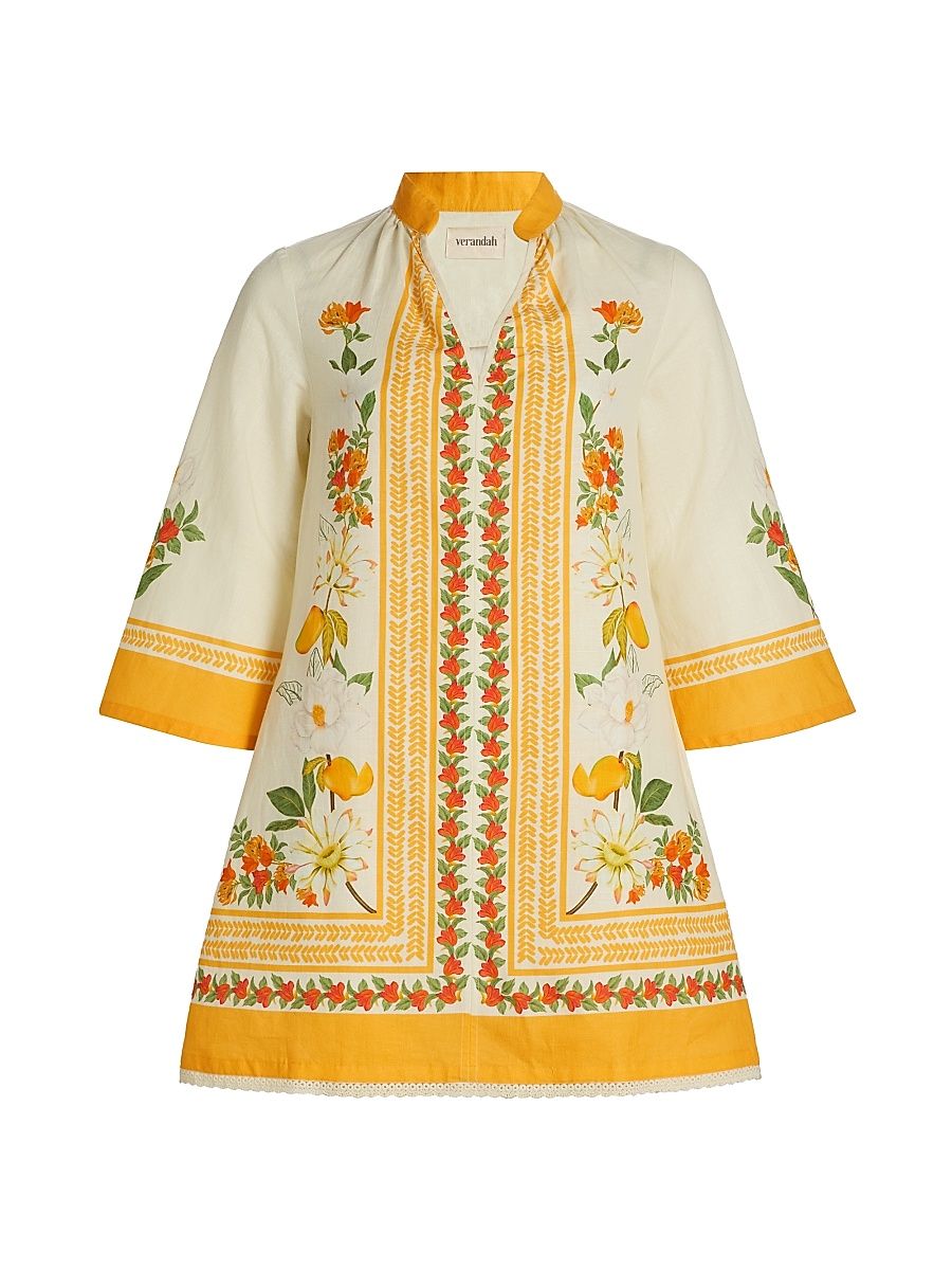Women's Ammama Garden Cotton-Linen Minidress - Ivory Multi Floral Panel - Size Large