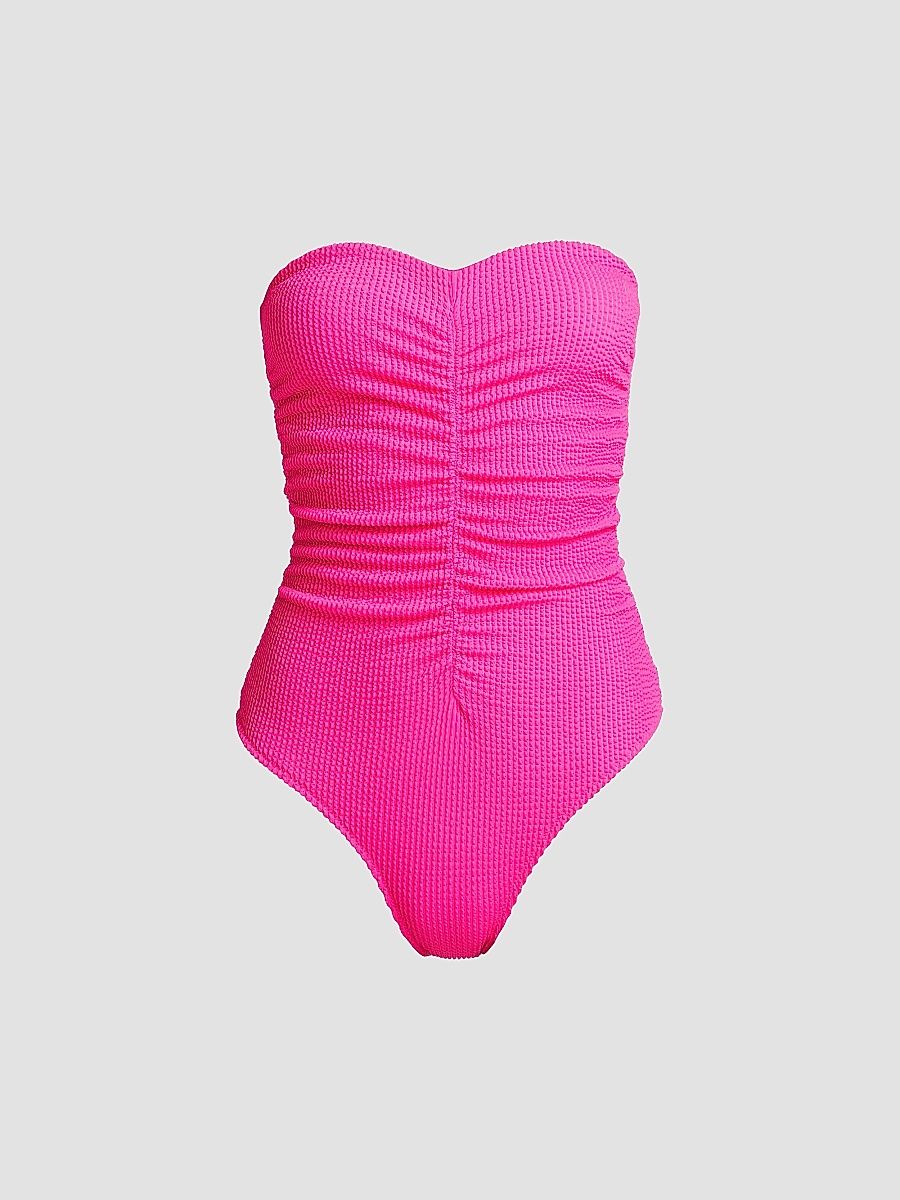 Milly Women's Textured Ruched Strapless One-Piece Swimsuit - Neon Pink - Size Large