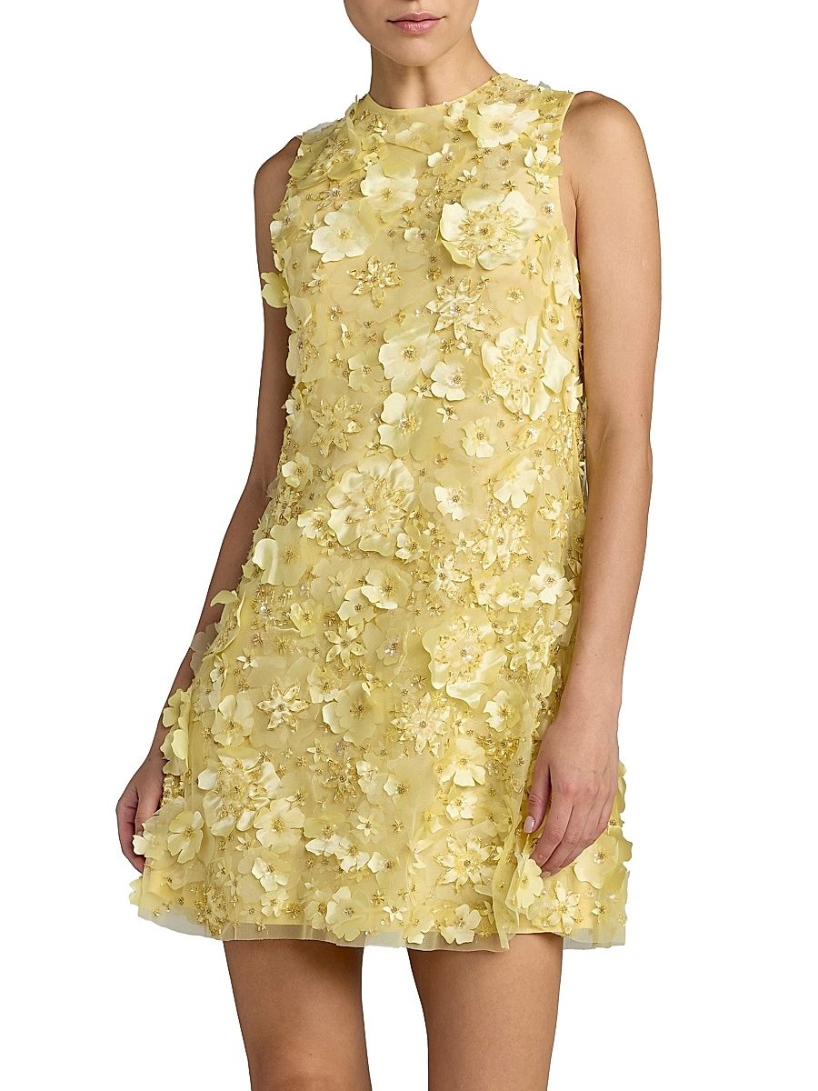 Women's Floral-Embellished Mesh Trapeze Minidress - Yellow - Size Large