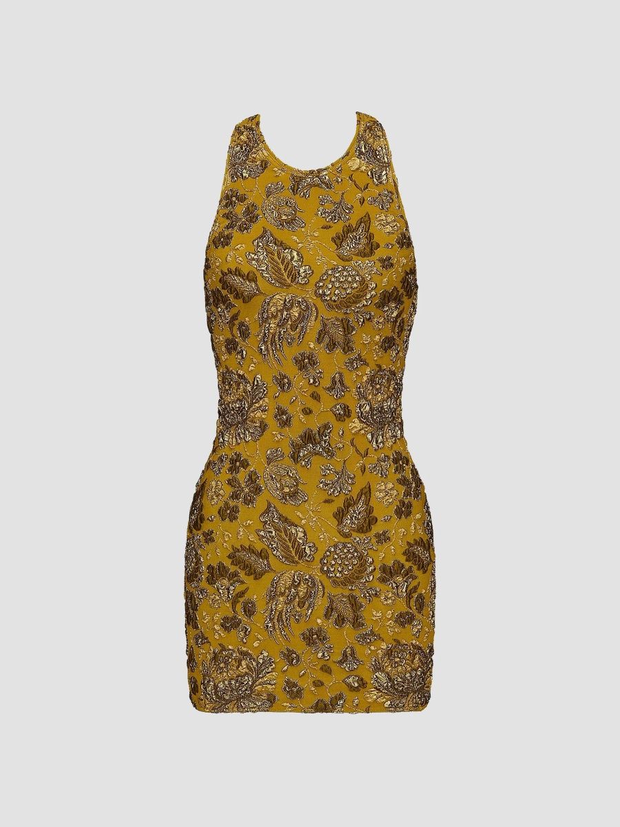 Saint Laurent Women's Cross-Back Mini Dress in Stretch Brocade - Mordore Or - Size 8