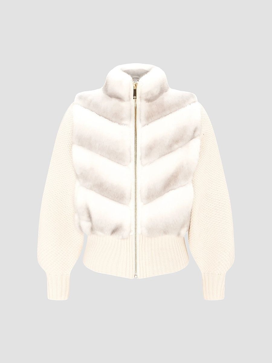 Lyla Grant Women's Faux Fur Mink Jacket with Knit Wool Sleeves - White Cross - Size XS