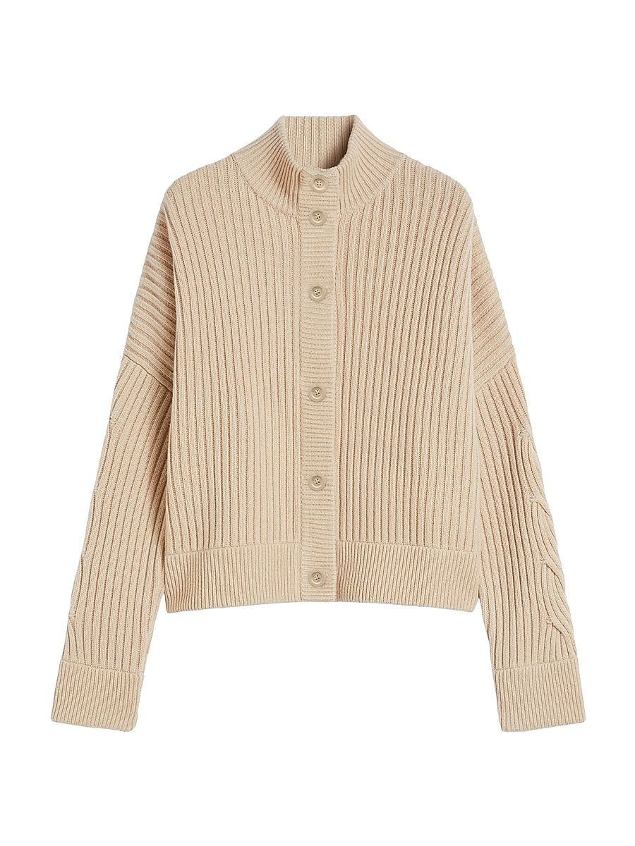 Women's Wool and Cashmere Ribbed Cardigan - Beige - Size XL