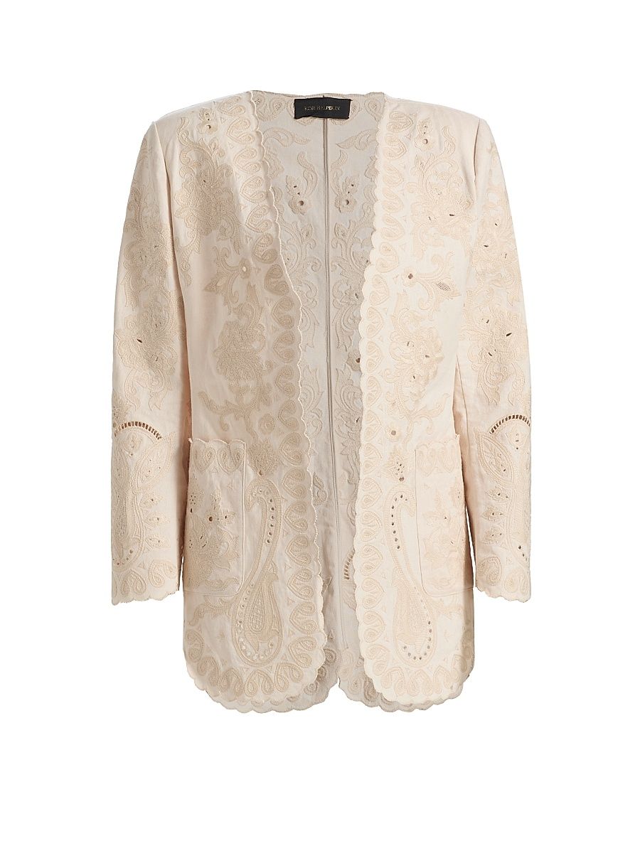 Women's Laci Eyelet-Embroidered Linen-Cotton Jacket - Antique - Size XS