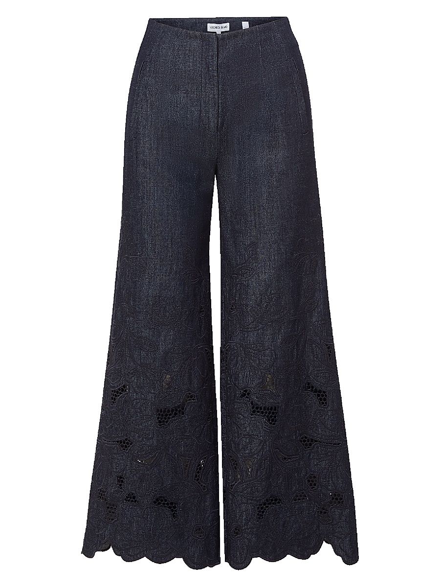 Women's Osborne Scalloped Guipure Cotton Wide-Leg Pants - Indigo Rinse - Size 16