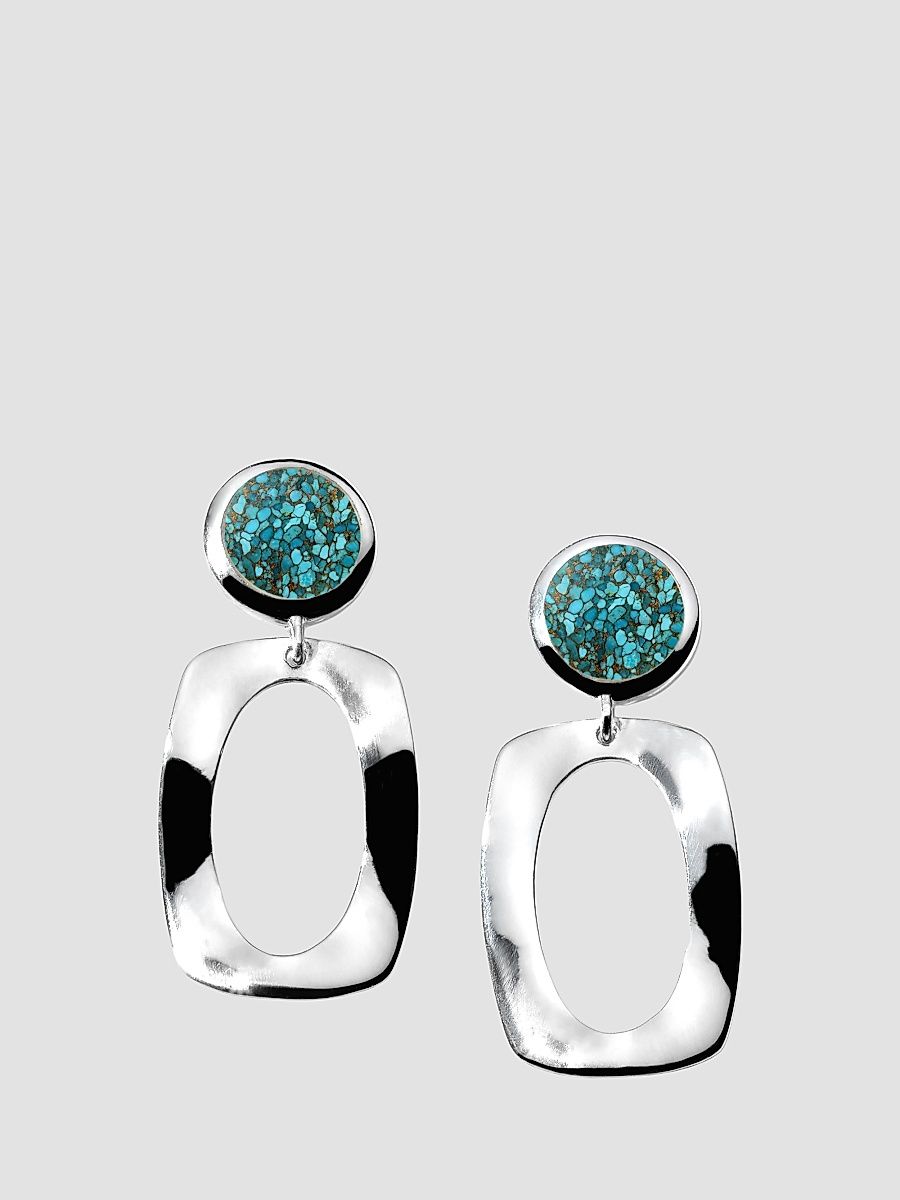 Women's Polished Rock Candy Small Dot & Small Frame Sterling Silver, Bronze & Turquoise Drop Earrings - Silver