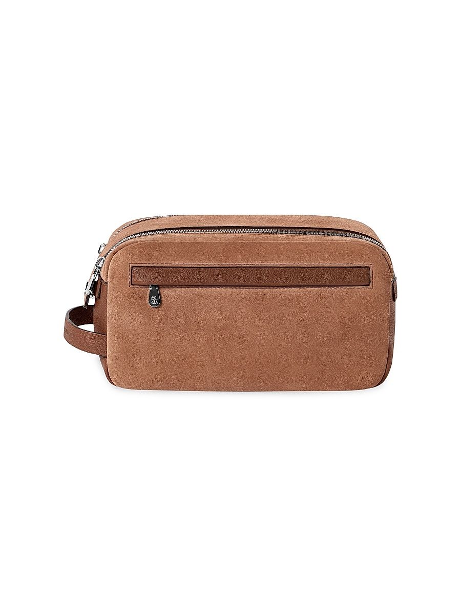 Women's Suede and Buffalo Leather Beauty Case with Double Zipper - Tobacco