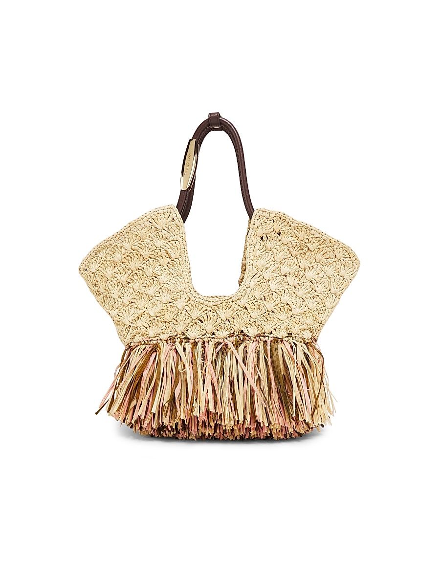 Women's Small Goldentime Fringed Raffia Tote Bag - Natural