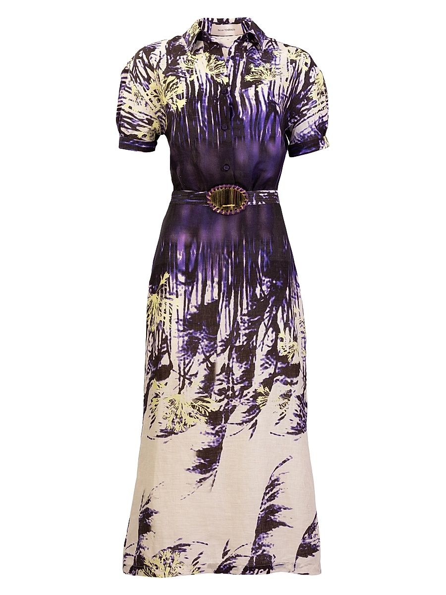 Women's Lee Palm-Print Linen Midi-Shirtdress - Dark Dandelion - Size XL