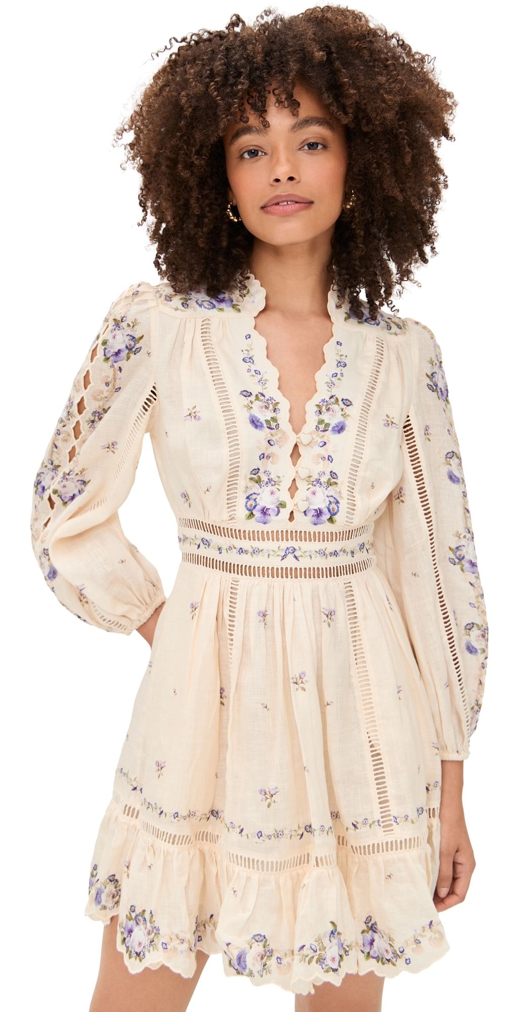 Zimmermann Patience Plunge Mini Dress Cream/Purple Rose 0