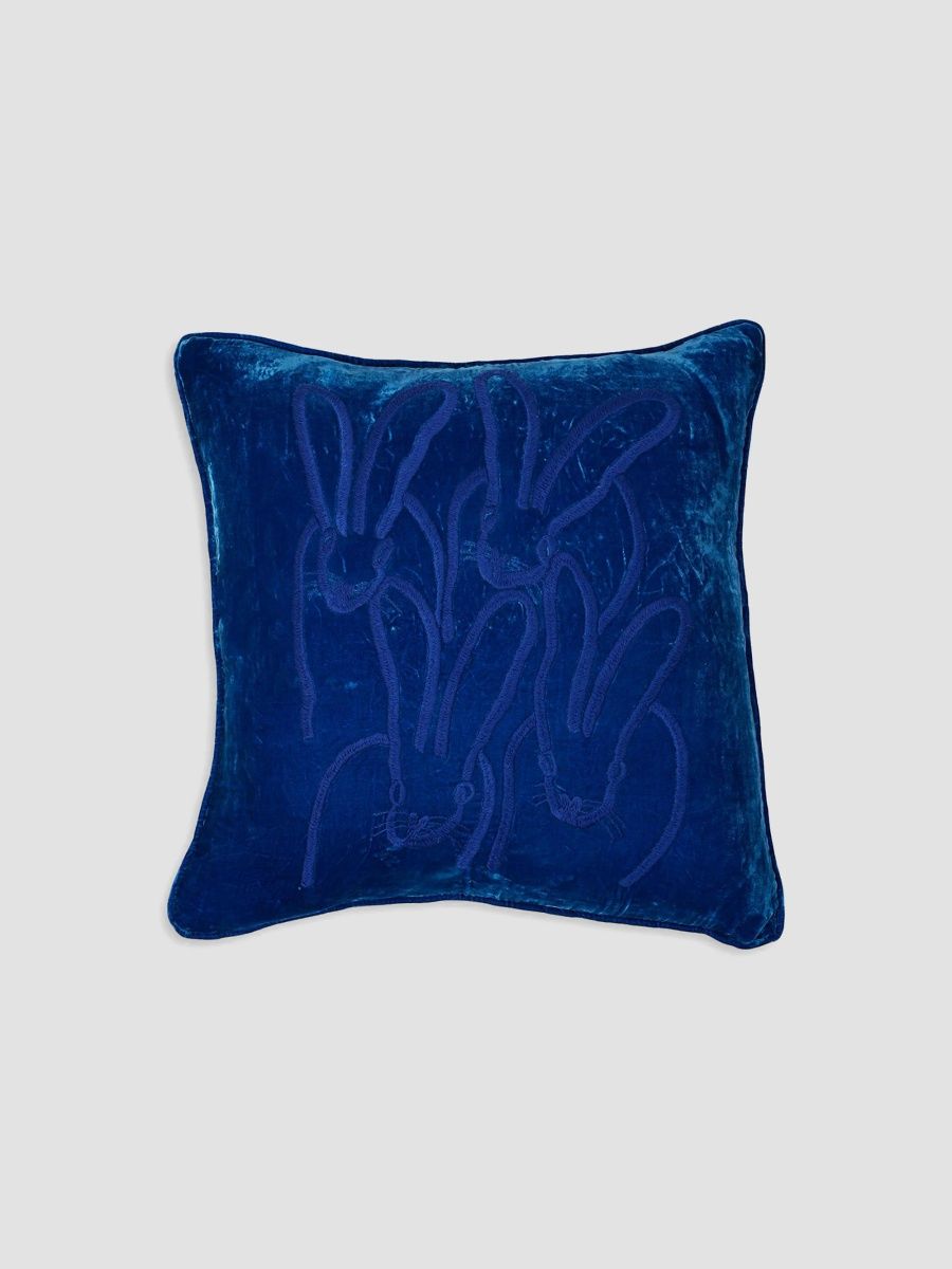 Hunt Slonem Hand-Embroidered Velvet Bunny Pillow, 22" Square - French Blue