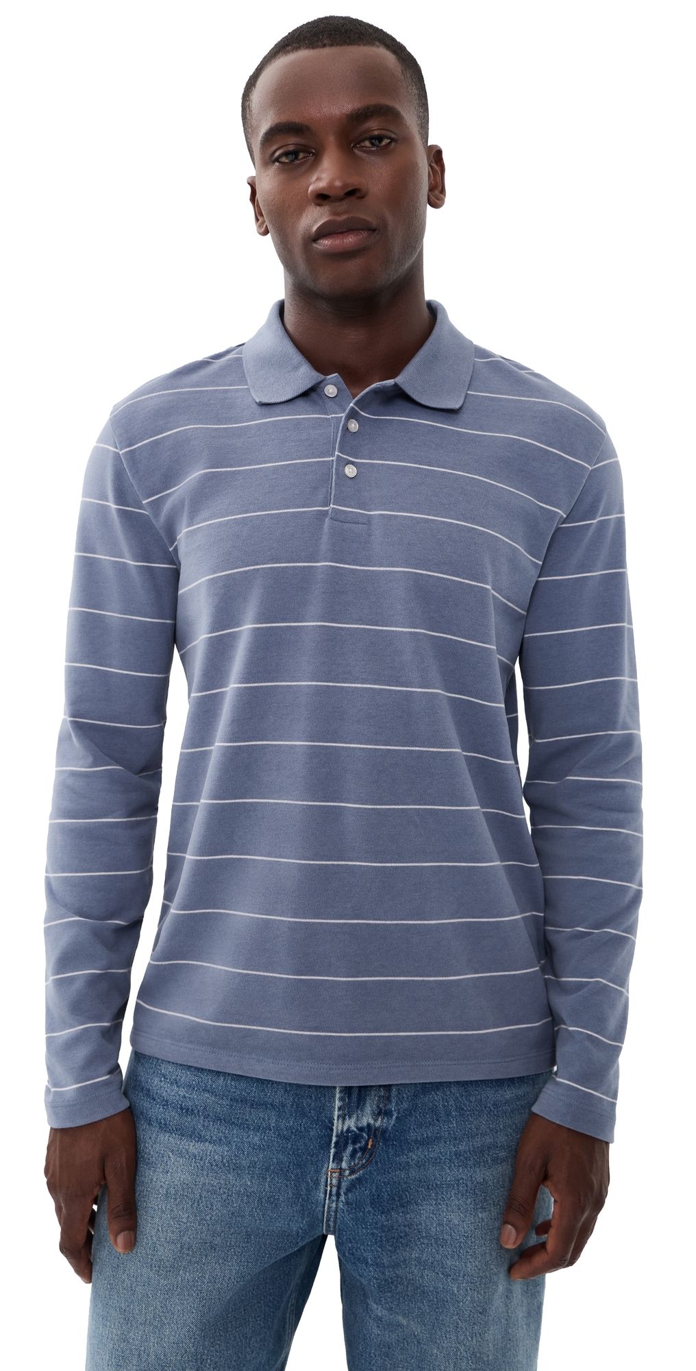 Vince Striped Long Sleeve Polo Hawk Blue/Smock White M