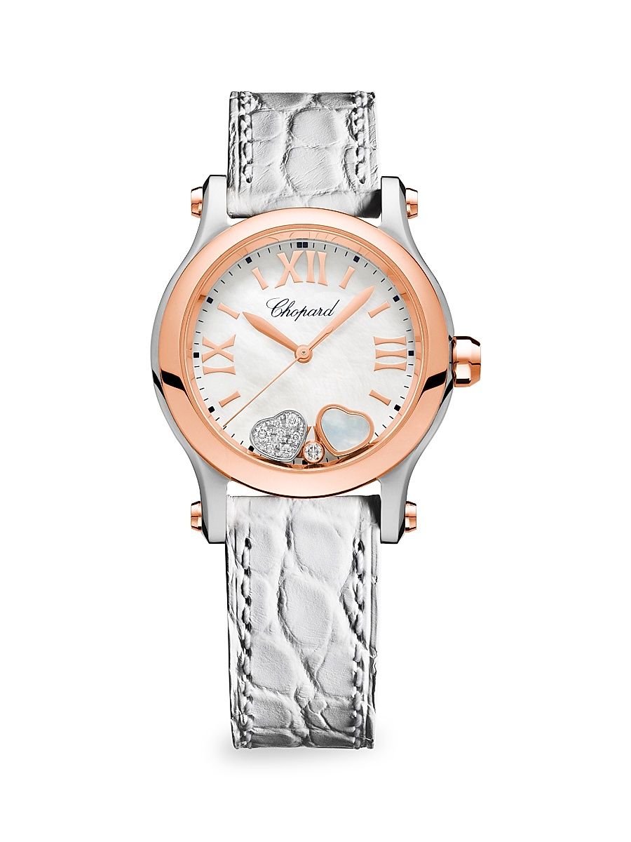 Women's Happy Sport Diamond, 18K Rose Gold, Stainless Steel & White Alligator Strap Watch