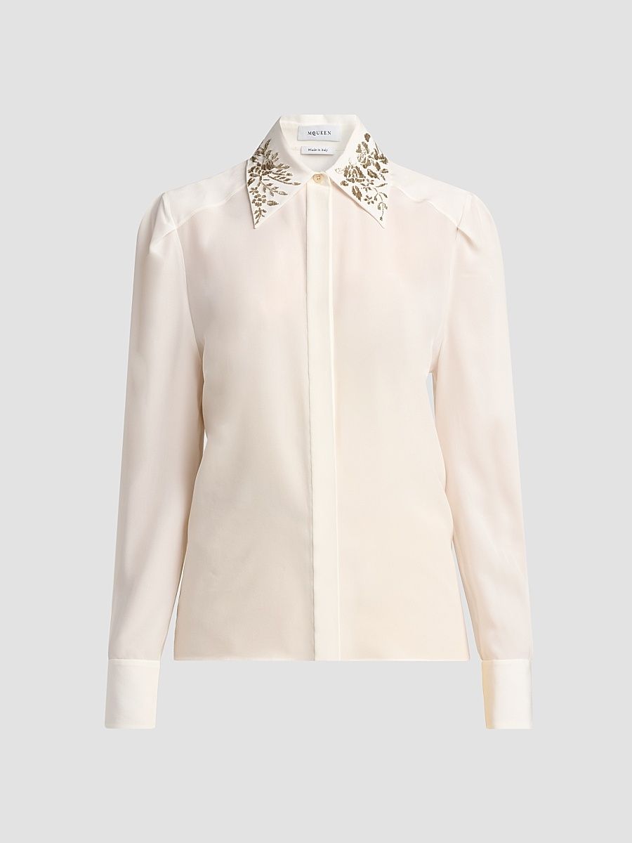 Women's Floral-Embellished Collar Silk Shirt - Light Ivory - Size 6