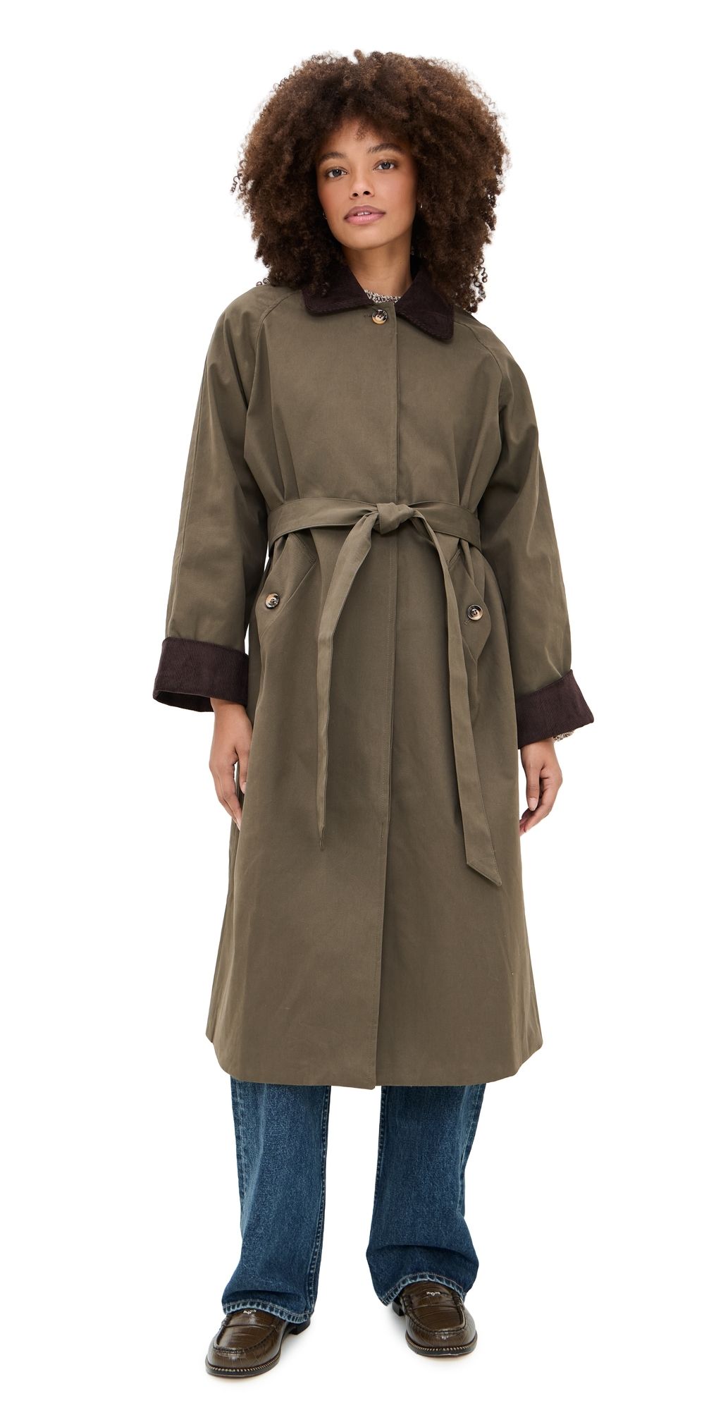 Moon River Corduroy Detail Trench Coat Olive L