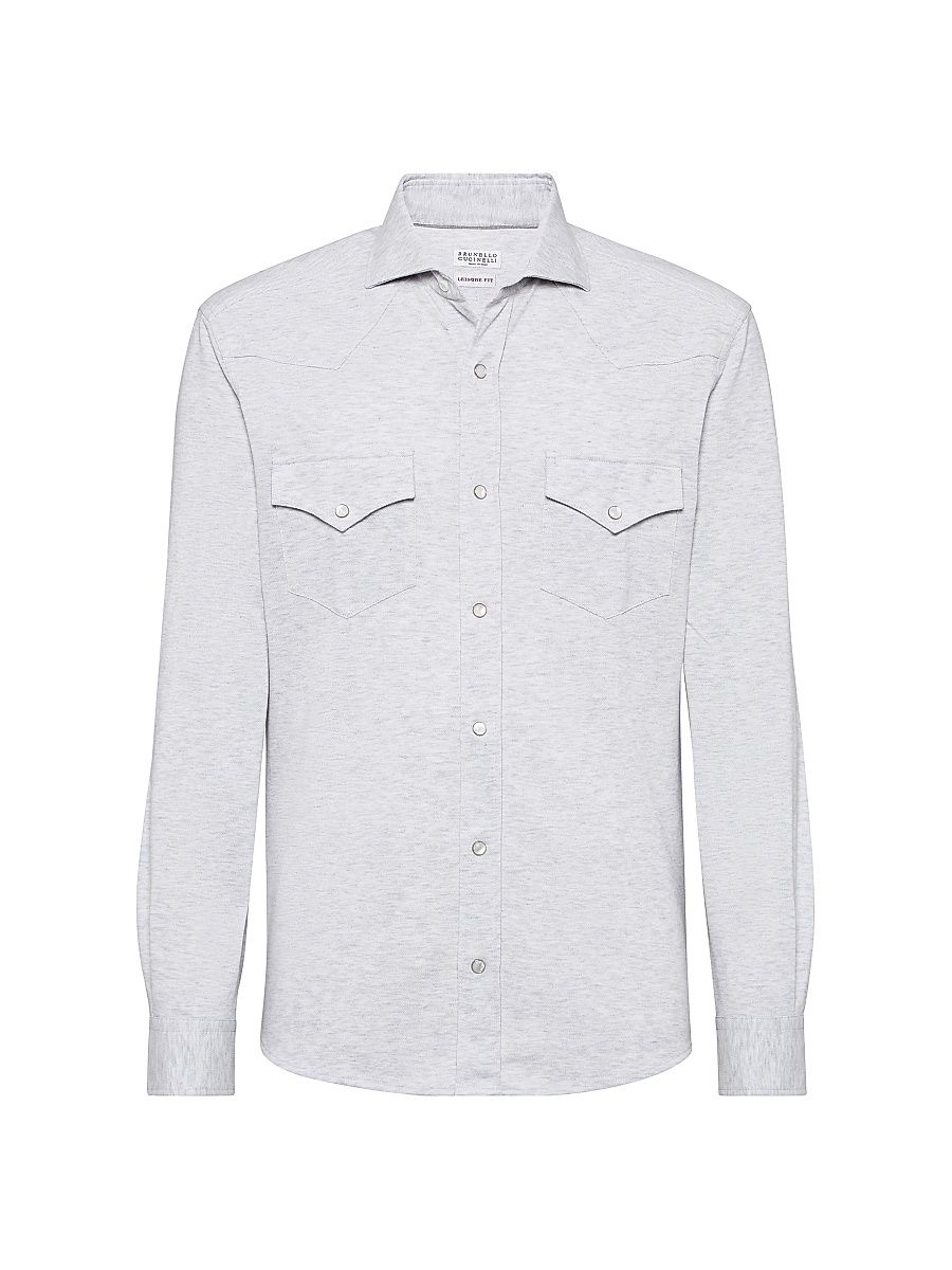 Men's Cotton Piqué Western Shirt - Light Grey - Size XS