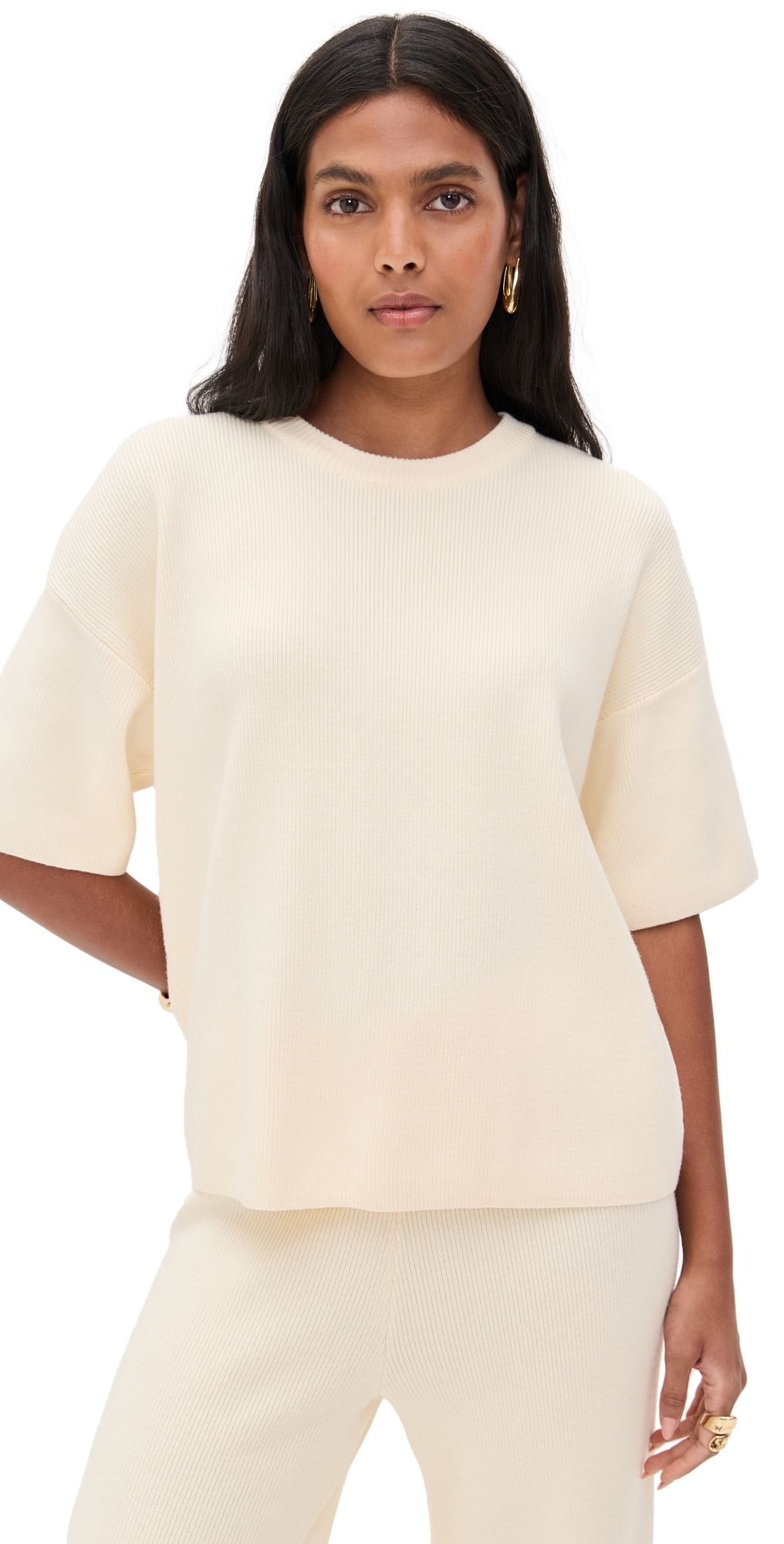 English Factory Collar Knit Half Sleeves Top Ivory M