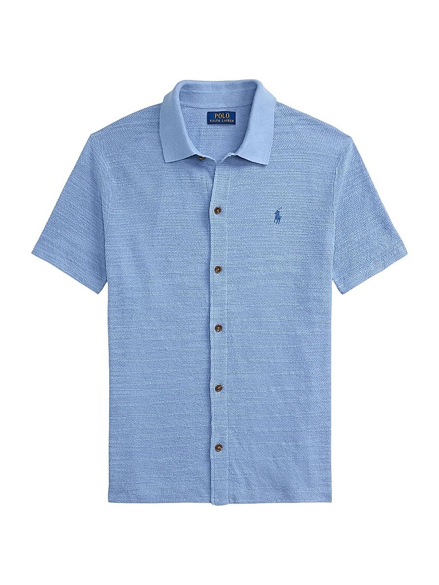 Men's Textured Cotton-Linen Shirt Sweater - Channel Blue - Size Small