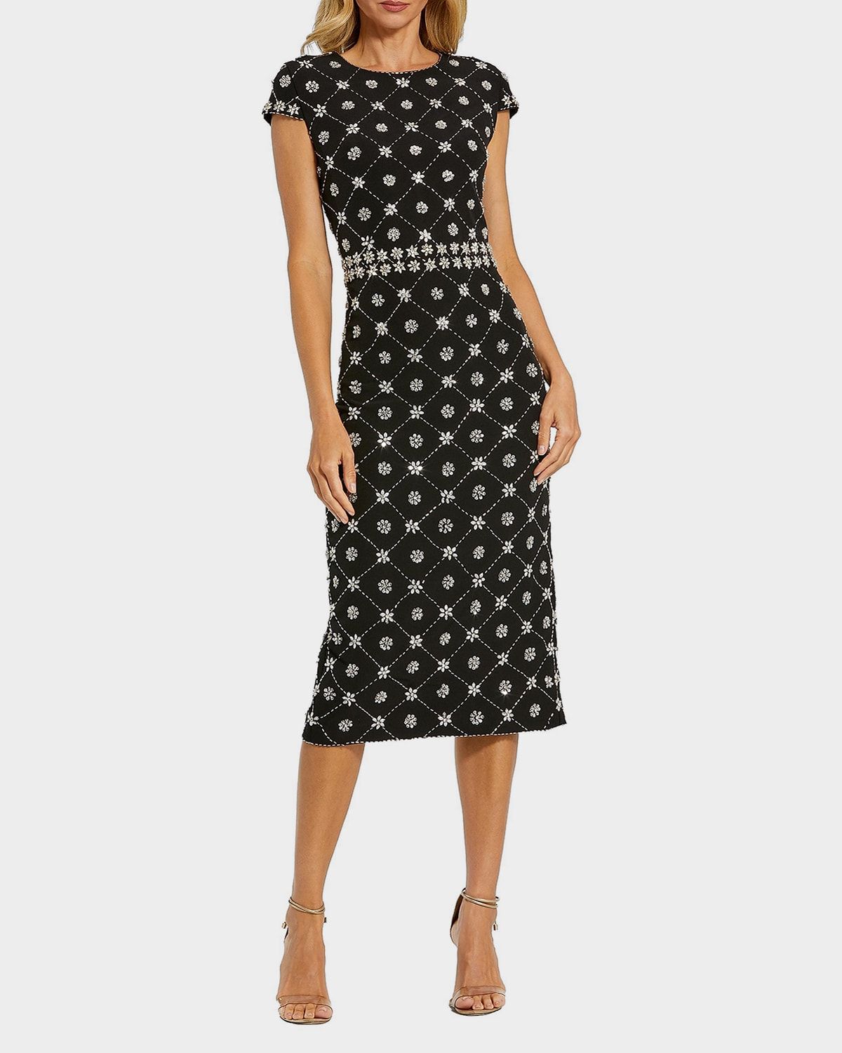 Hand-Embellished Cap-Sleeve Midi Dress