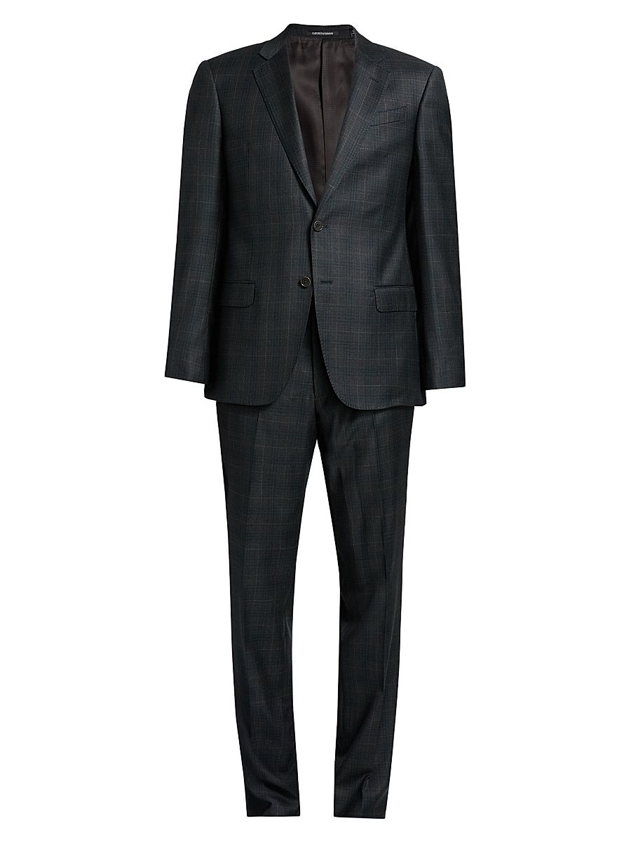 Men's Plaid Wool Single-Breasted Suit - Grey - Size 44
