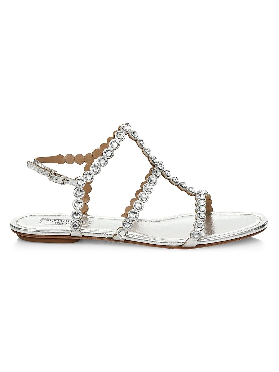 Women's Tequila Crystal-Embellished Metallic Leather Flat Sandals - Silver - Size 7.5