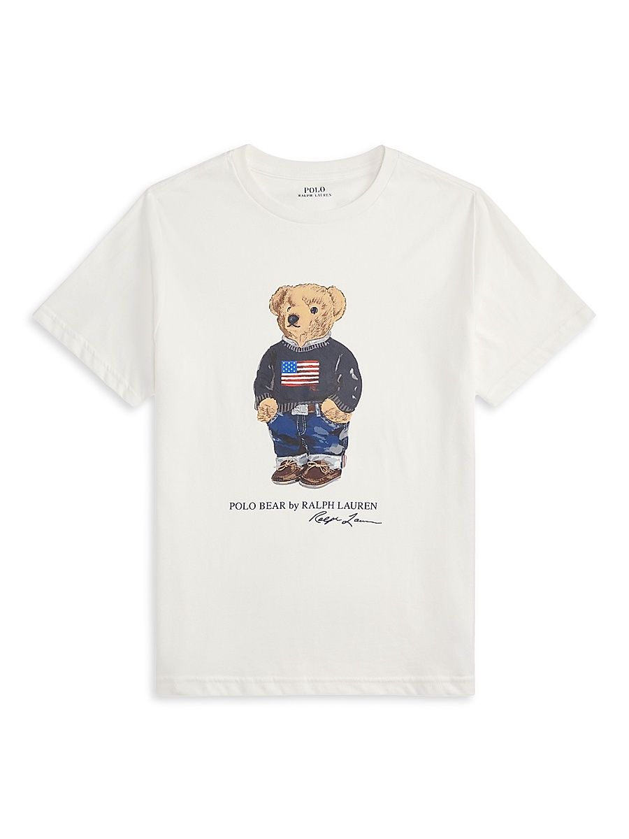 Boy's Polo Bear American Flag T-Shirt - White - Size 8