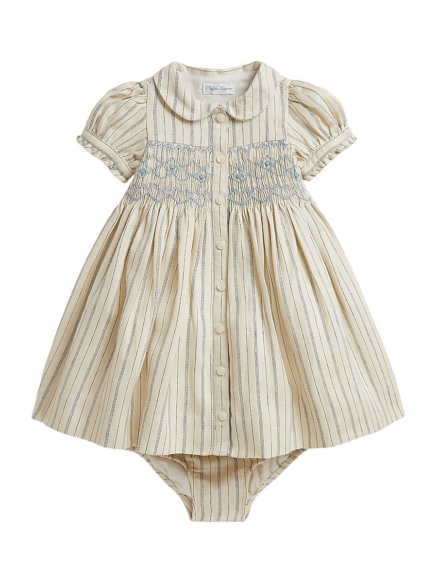 Baby Girl's Smocked Linen-Cotton Dress & Bloomers Set - Cream Blue Multi - Size 3 Months