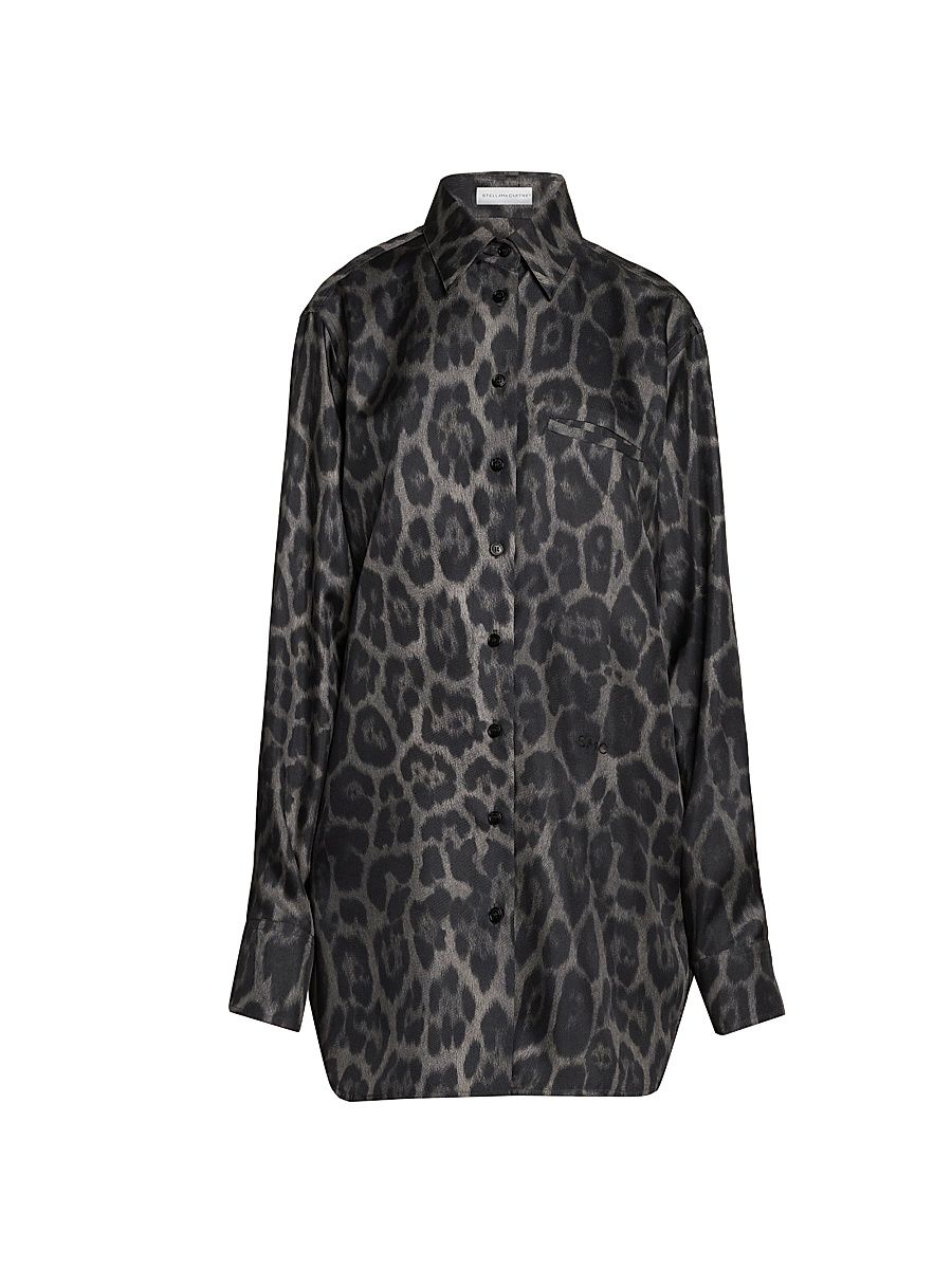 Women's Leopard Silk Button-Front Shirt - Ash Grey - Size 0