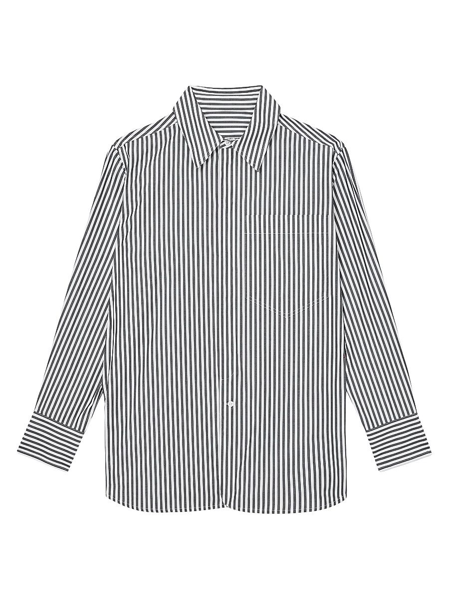 Women's Cotton Striped Button-Front Shirt - Navy White - Size 14