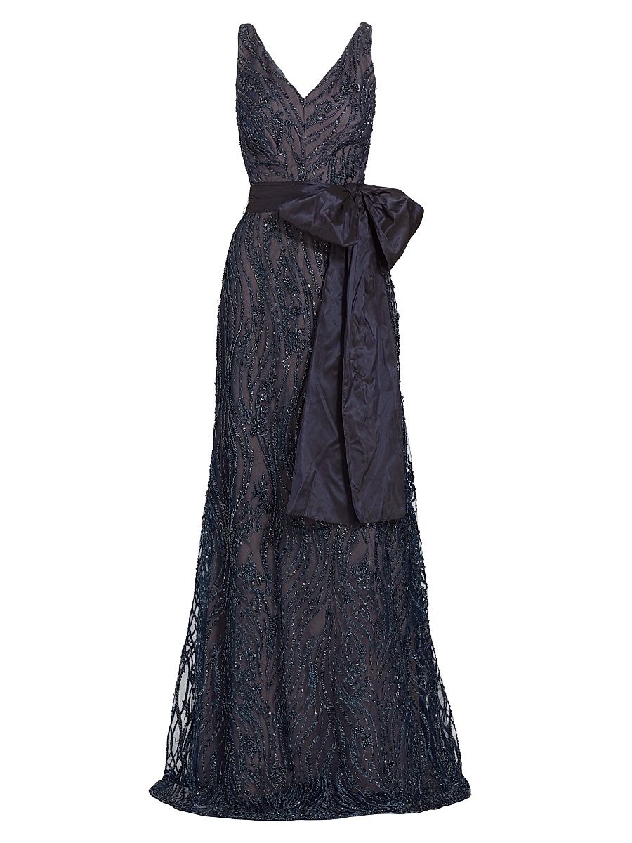 Women's V-Neck Beaded Bow Gown - Navy - Size 10