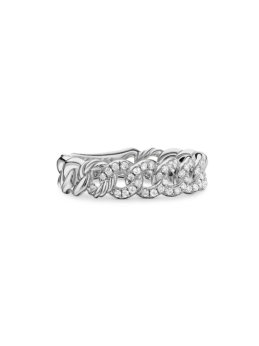 Women's Belmont Curb Link Band Ring with Pavé Diamonds - Sterling Silver - Size 7