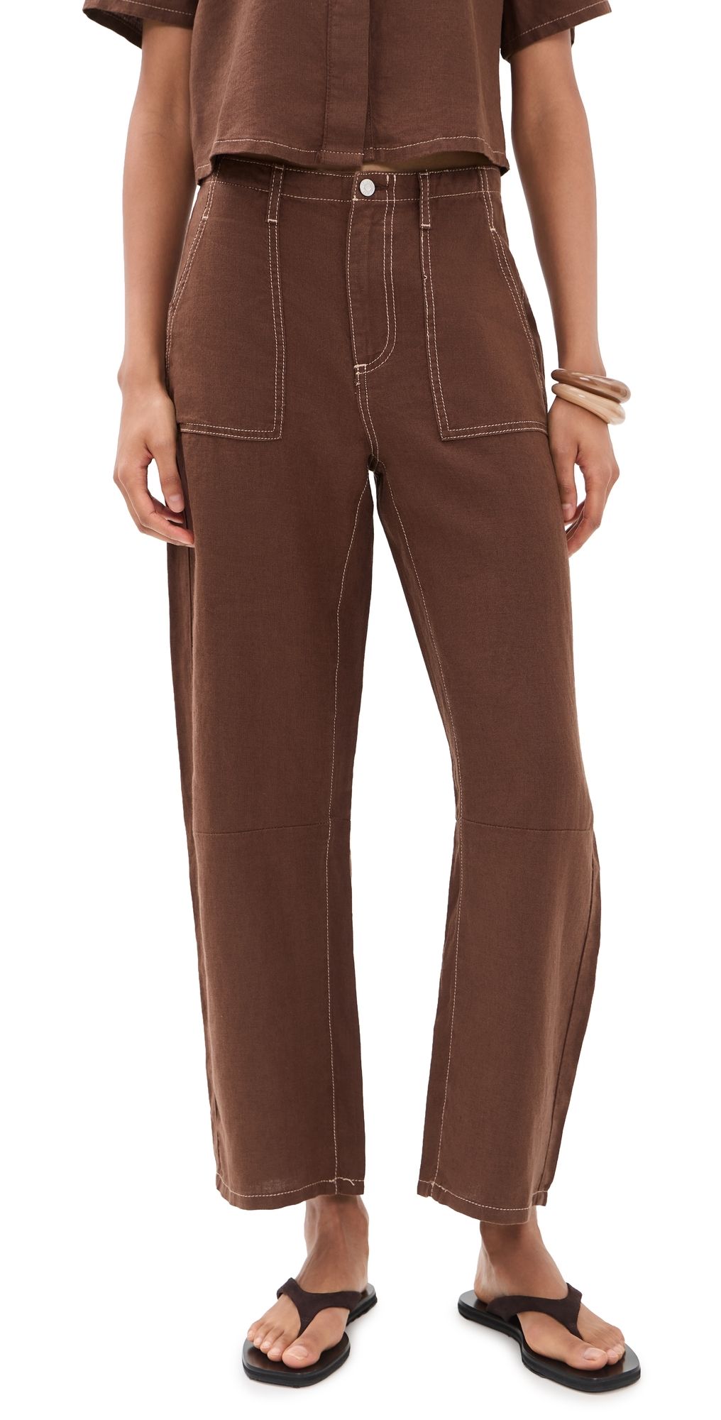 LE JEAN Mid Rise Linen Utility Barrel Pants Cocoa 23