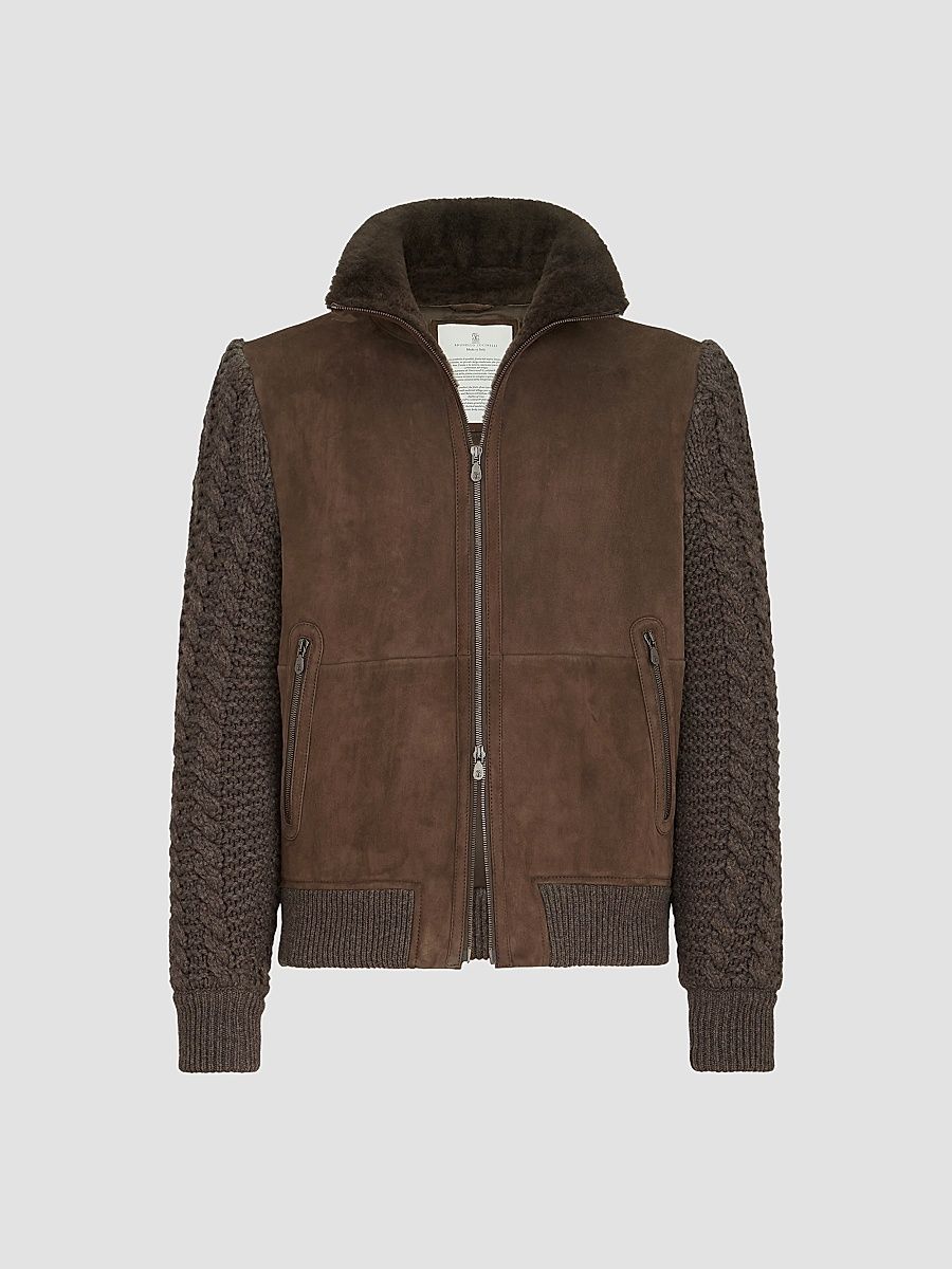 Men's Suede Shearling and Cashmere Knit Bomber Jacket - Brown - Size XXL