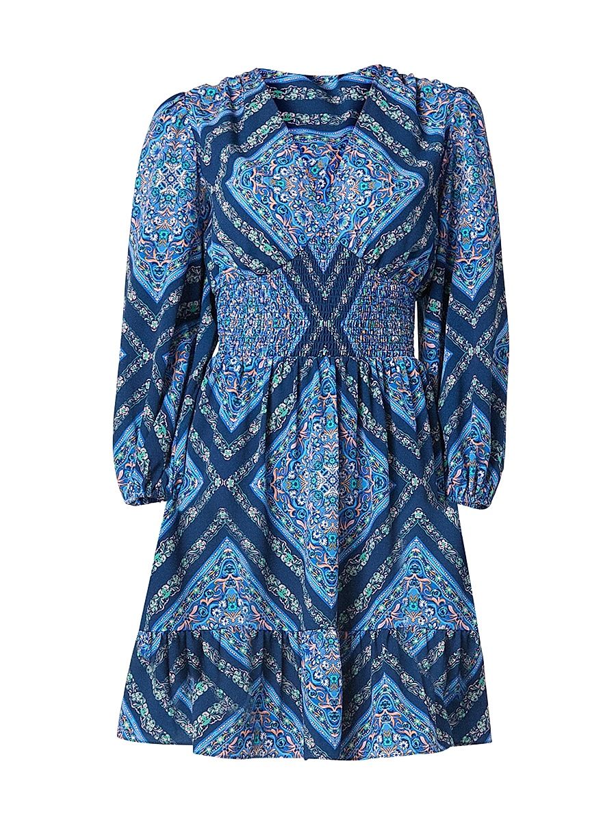 Shoshanna Women's Imogen Smocked Floral-Print Empire Minidress - Blue Pattern - Size 10
