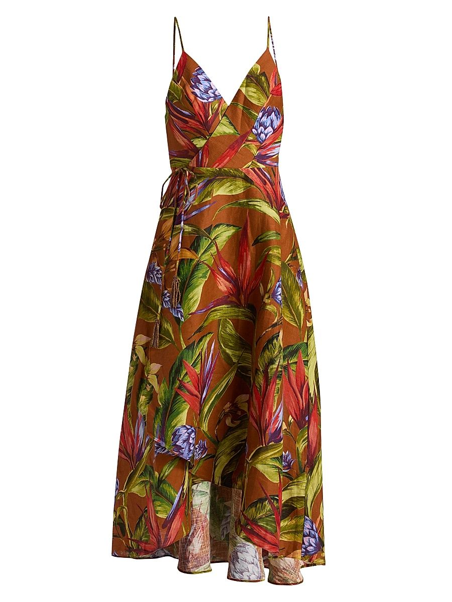 Women's Floral Linen A-Line Midi-Wrap Dress - Brown - Size XL