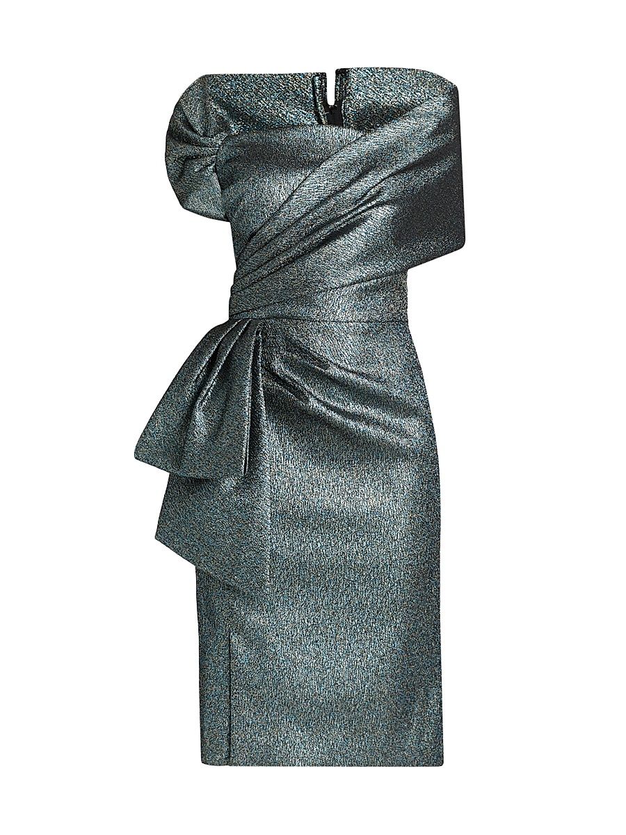 Women's Metallic Gathered Off-The-Shoulder Gown - Teal Multi - Size 18