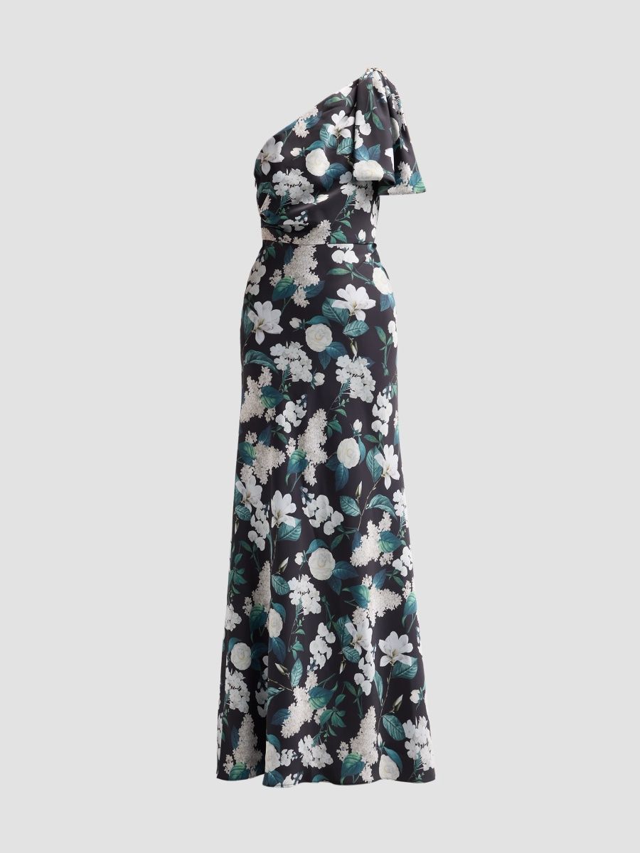 Women's Aubrey Floral One-Shoulder Gown - Ink Ivory Blooms - Size 6