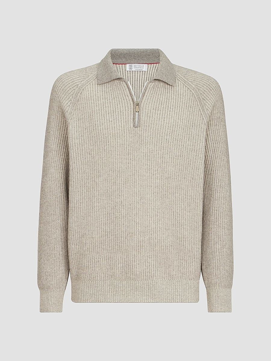 Men's Cashmere Vanisé English Rib Knit Polo with Half Zip - Grey - Size 44