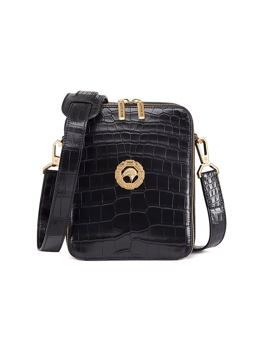 Men's Crocodile Leather Messenger Bag - Black