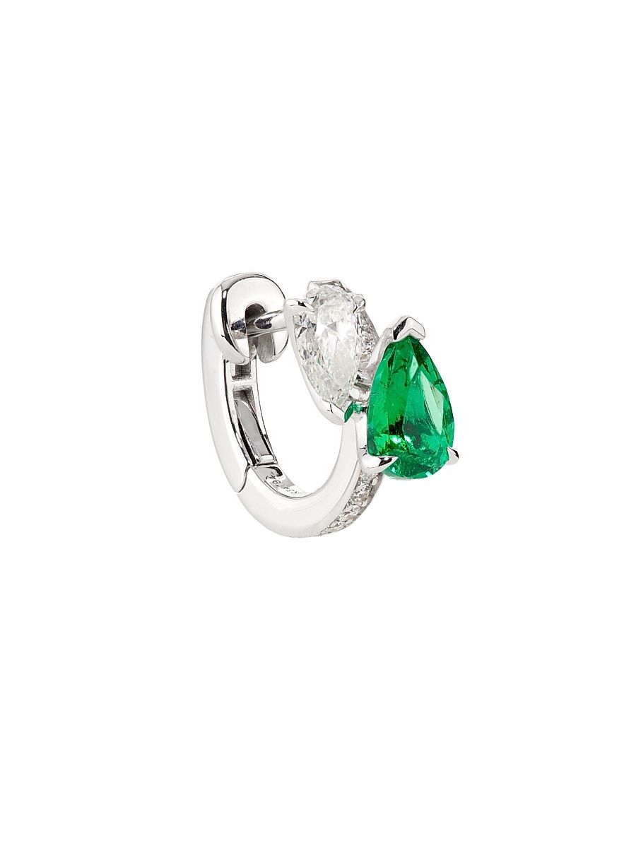 Women's Serti Sur Vide 18K White Gold, Emerald & 0.28 TCW Diamond Single Huggie Hoop Earring - Left Or Right - White Gold - Size Left