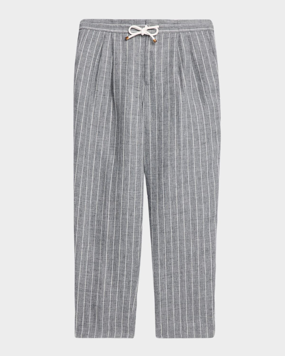 Men & apos;s Linen Pinstripe Pleated Drawstring Trousers