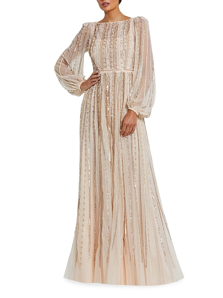 Women's Striped Beaded Chiffon Boatneck Gown - Peach - Size 20