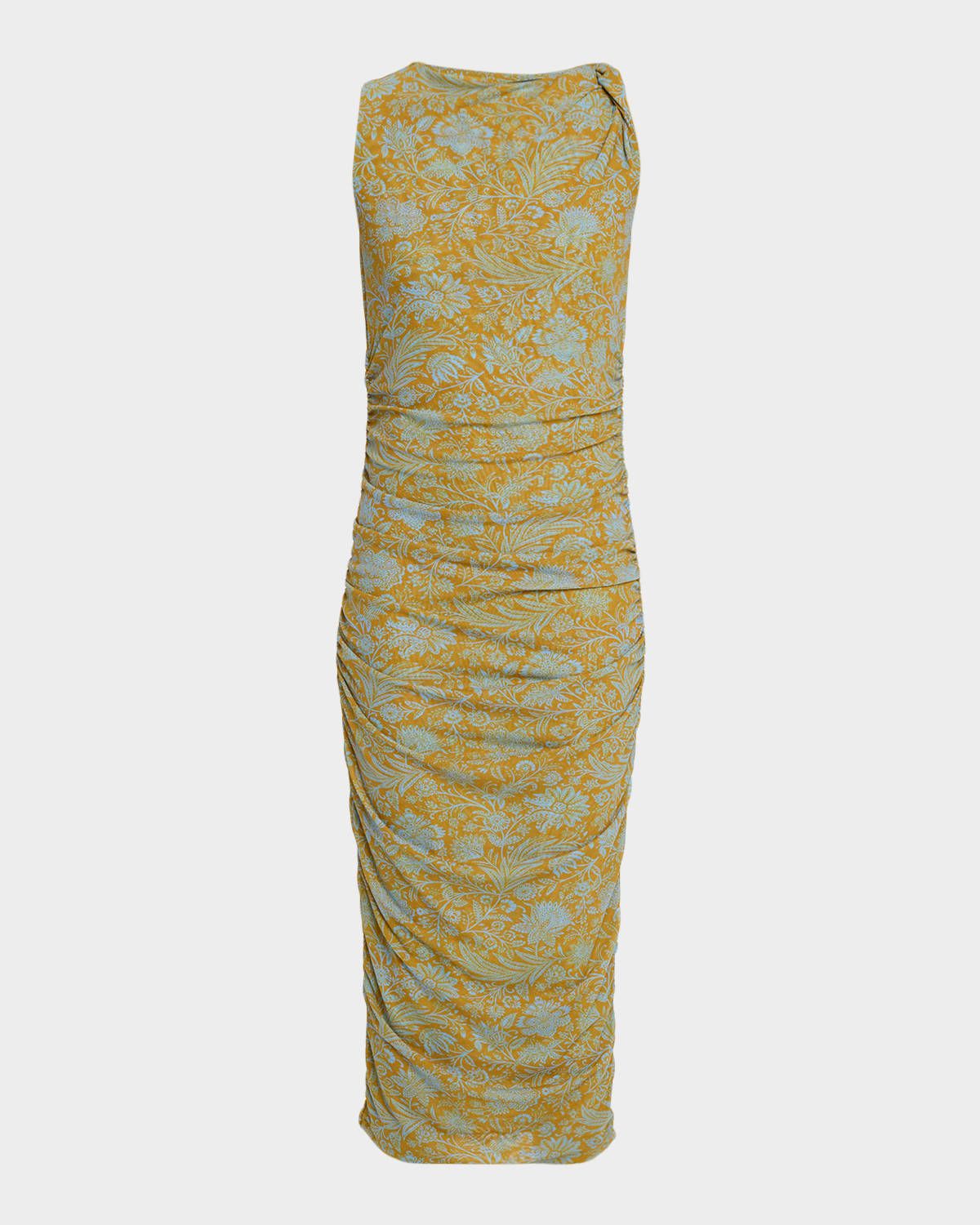 Otessa Floral Ruched Mesh Midi Dress