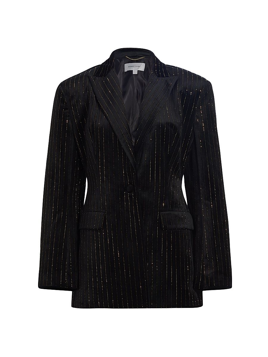 Women's Madera Crystal-Embellished Pinstriped Velvet Blazer - Black With Topaz Crystals - Size Small