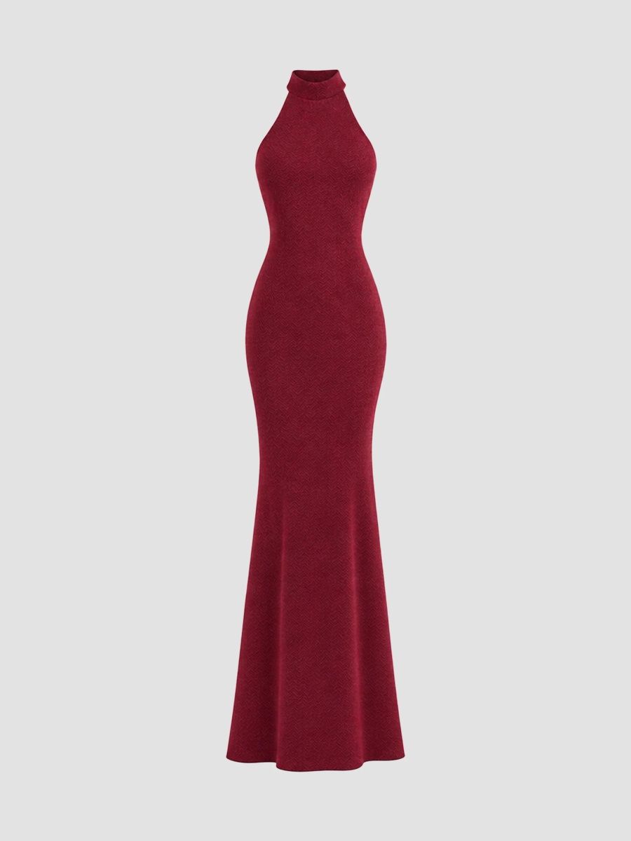 SEROYA Women's Peach Metallic Knit Halterneck Gown - Met Balmoral Red - Size XL
