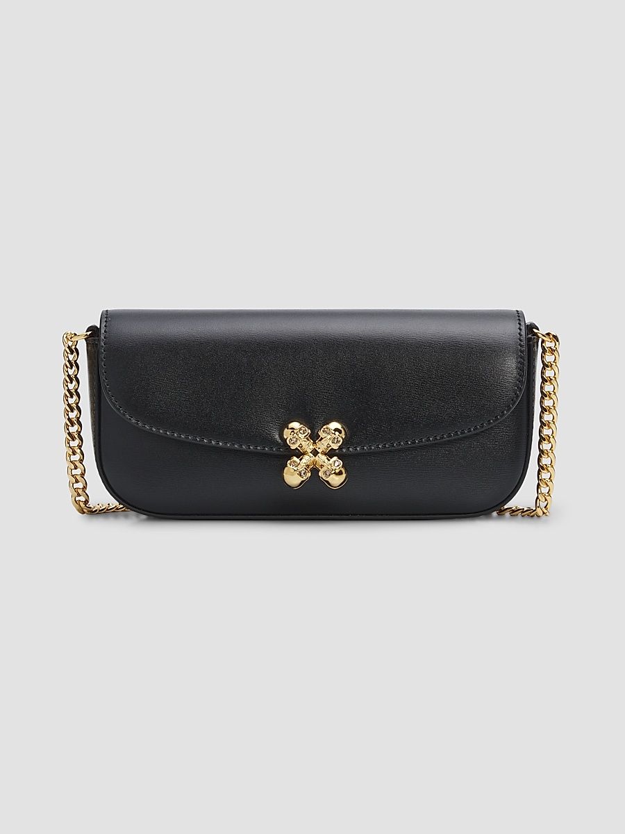 Women's Skull Flower Small Leather Shoulder Bag - Black Gold